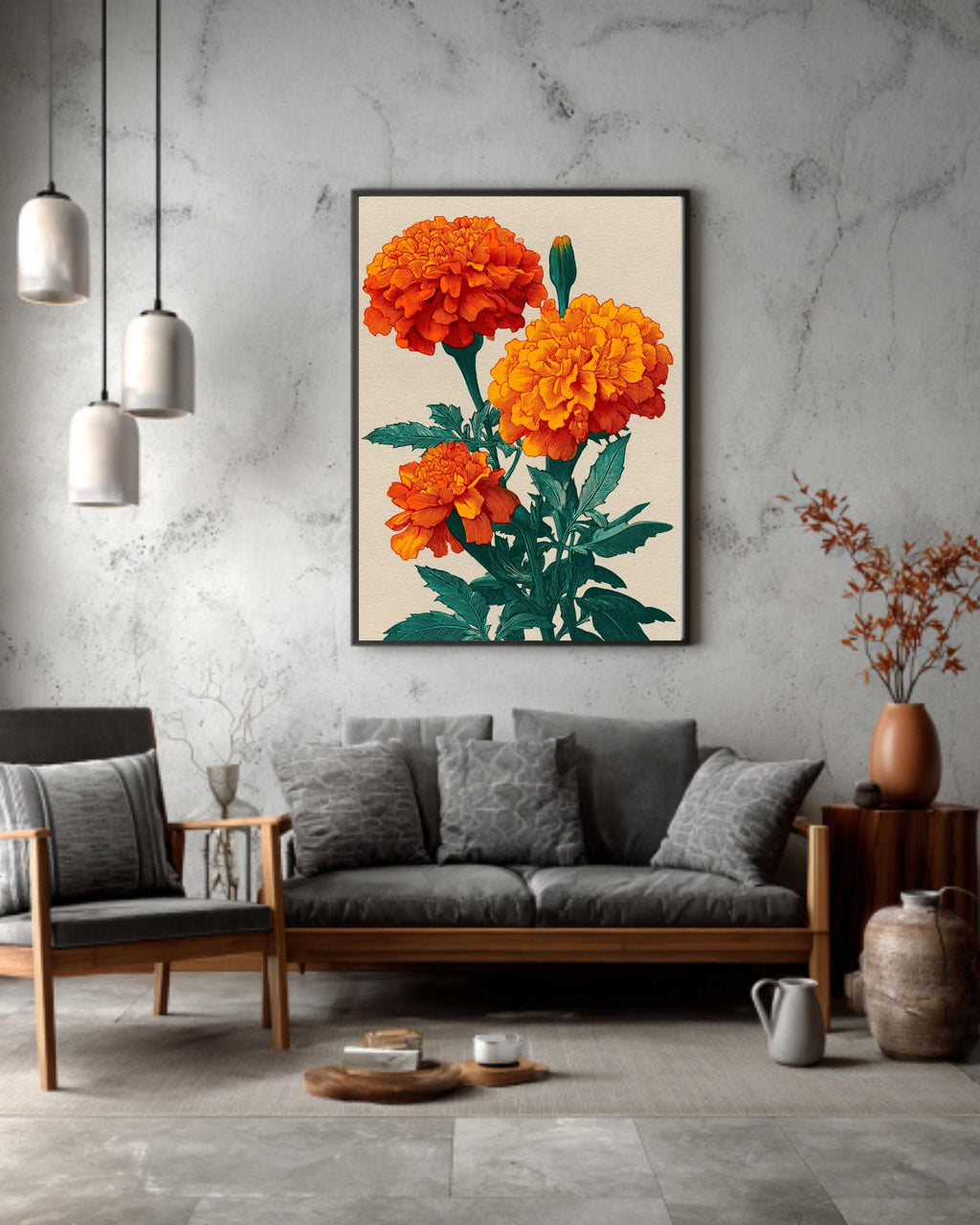 Orange Marigold Canvas Print, Japanese Floral Ukiyo-e Art