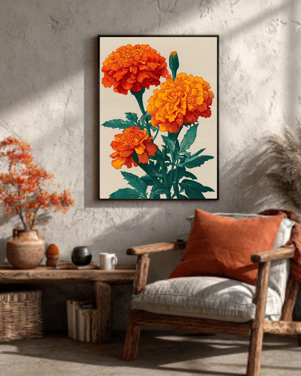 Orange Marigold Canvas Print, Japanese Floral Ukiyo-e Art