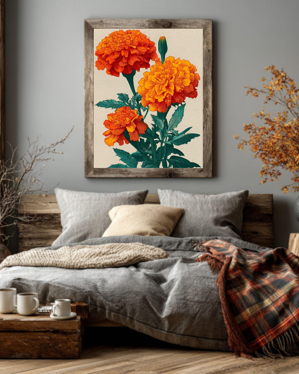 Orange Marigold Canvas Print, Japanese Floral Ukiyo-e Art