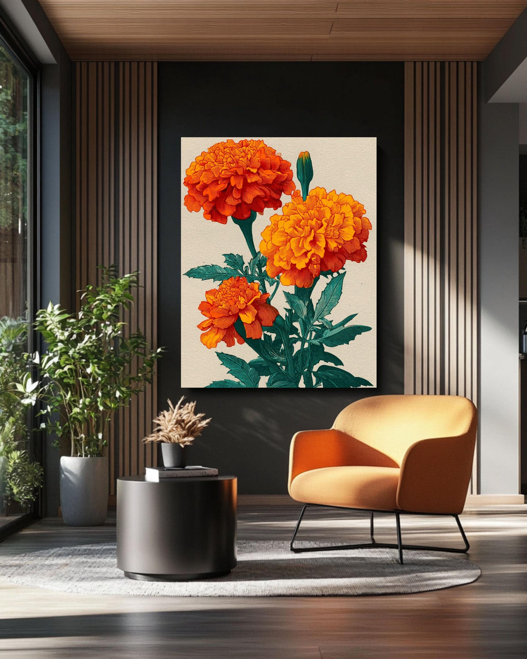 Orange Marigold Canvas Print, Japanese Floral Ukiyo-e Art
