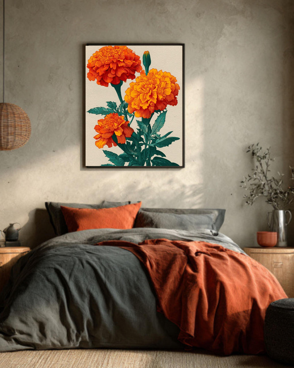 Orange Marigold Canvas Print, Japanese Floral Ukiyo-e Art