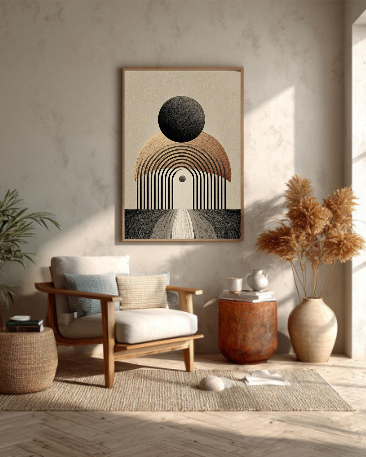 Minimalist Arch Canvas Print, Geometric Black Beige, Boho Wall Decor