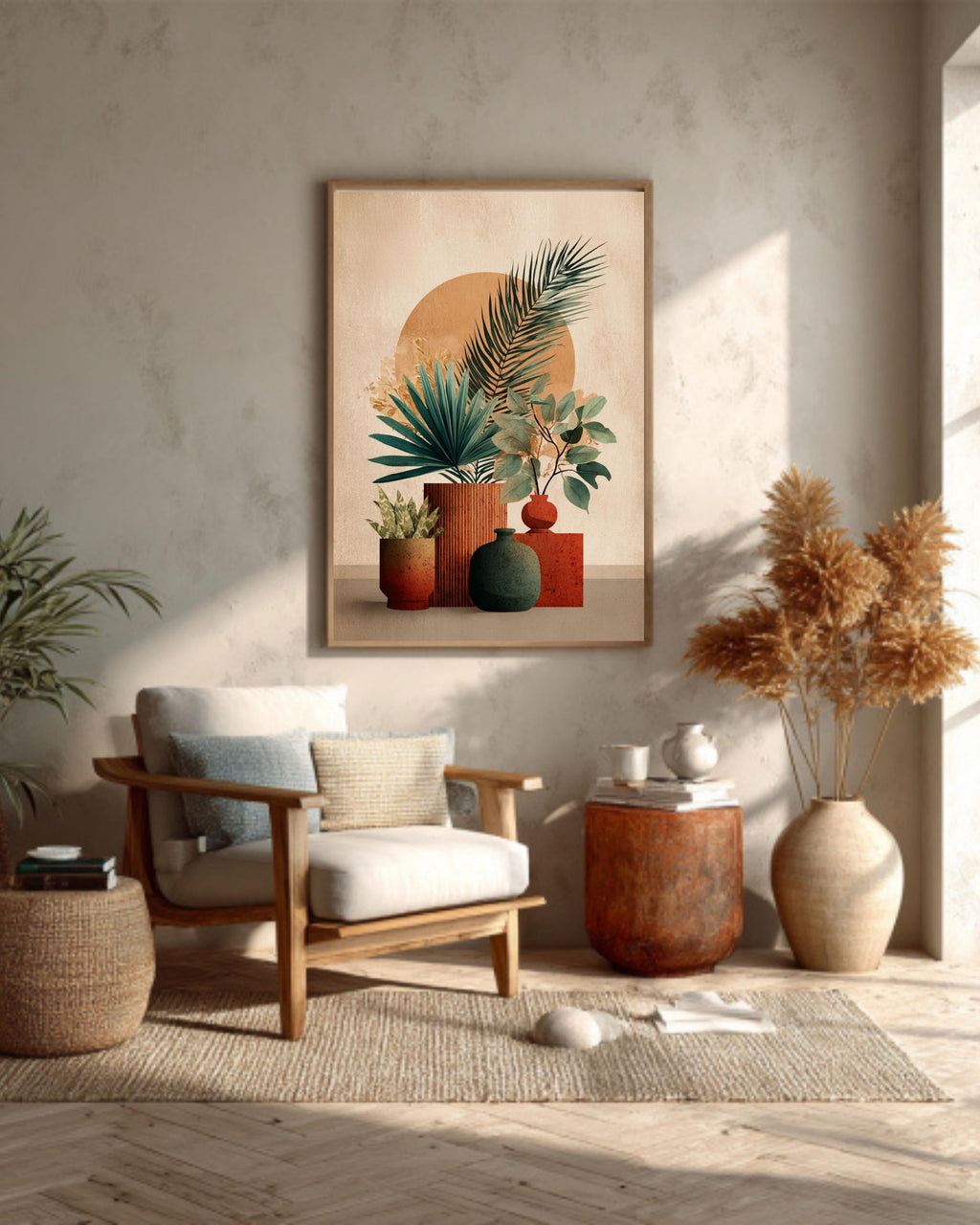 Boho Botanical Still Life Canvas, Terracotta Plant Art, Mid-Century Modern Decor