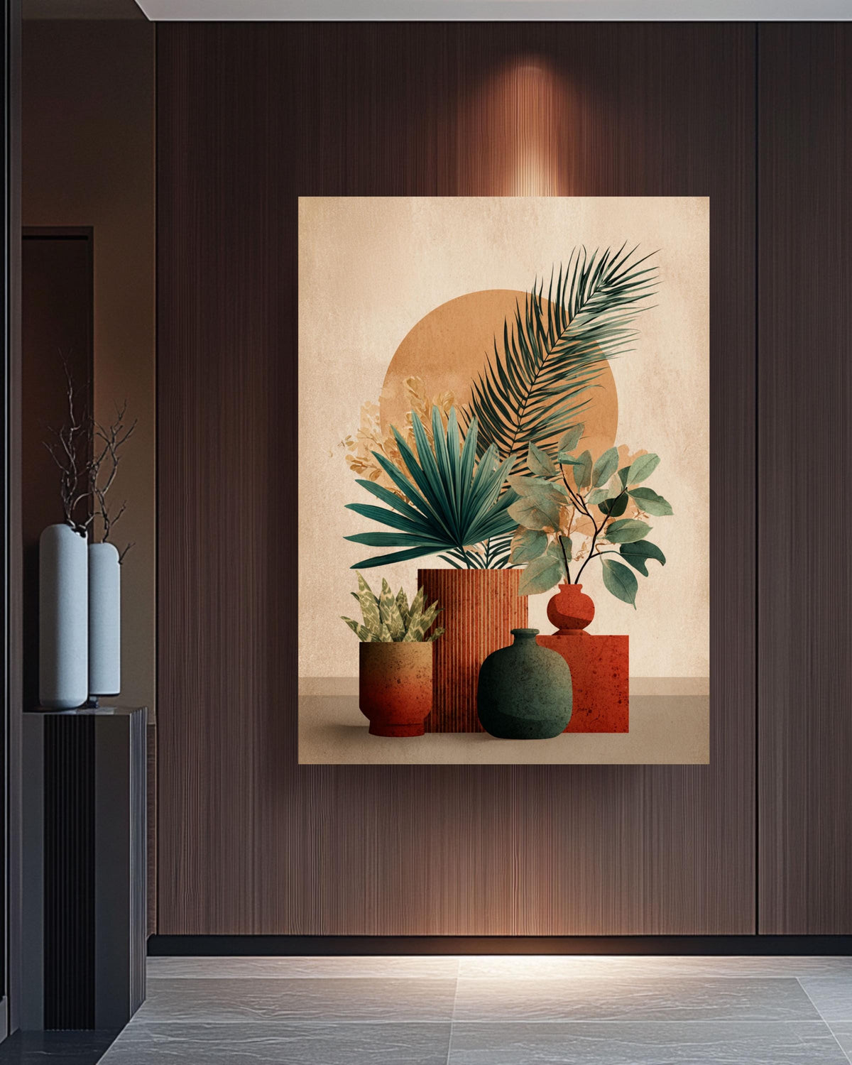 Boho Botanical Still Life Canvas, Terracotta Plant Art, Mid-Century Modern Decor
