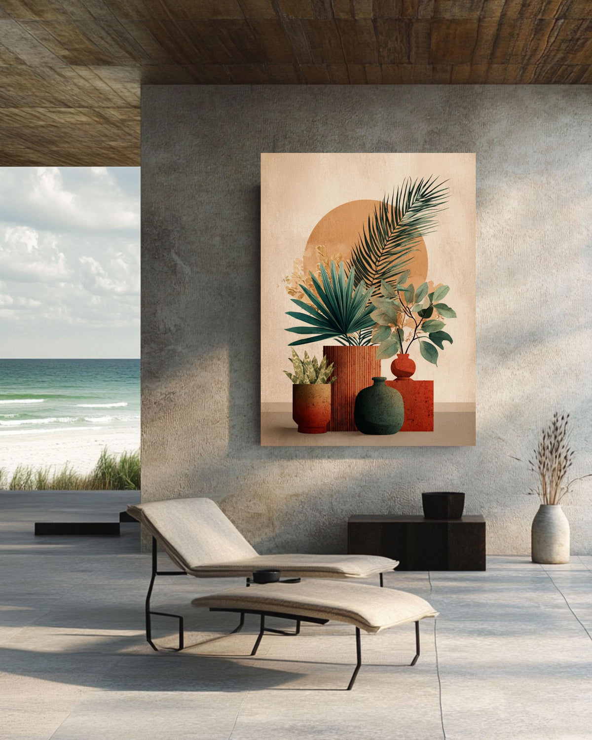 Boho Botanical Still Life Canvas, Terracotta Plant Art, Mid-Century Modern Decor