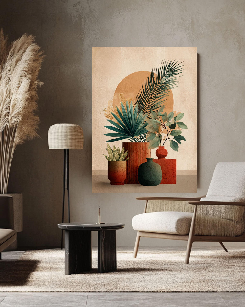 Boho Botanical Still Life Canvas, Terracotta Plant Art, Mid-Century Modern Decor