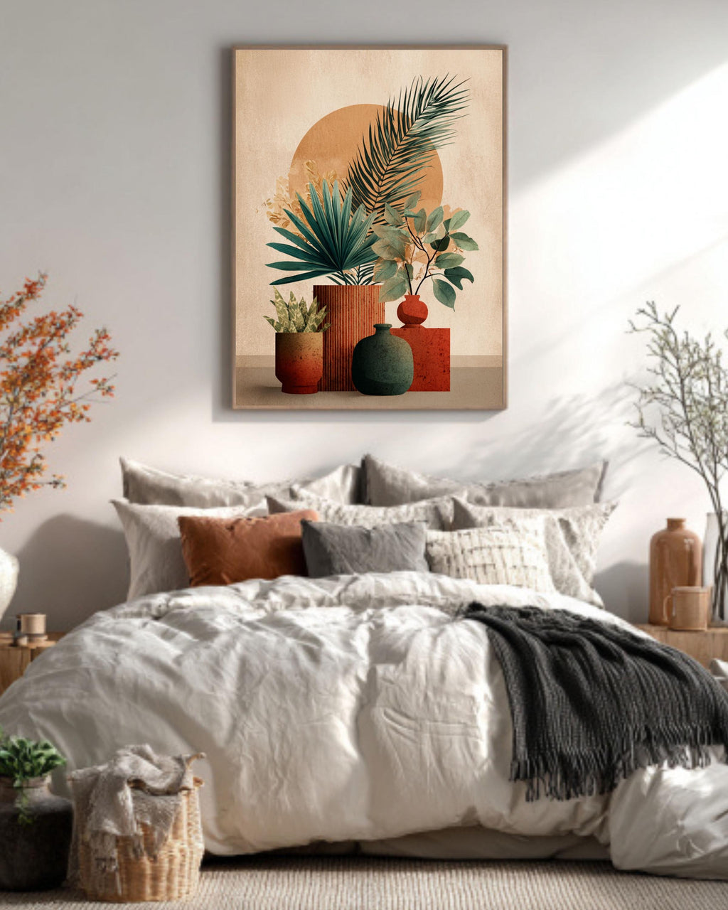 Boho Botanical Still Life Canvas, Terracotta Plant Art, Mid-Century Modern Decor