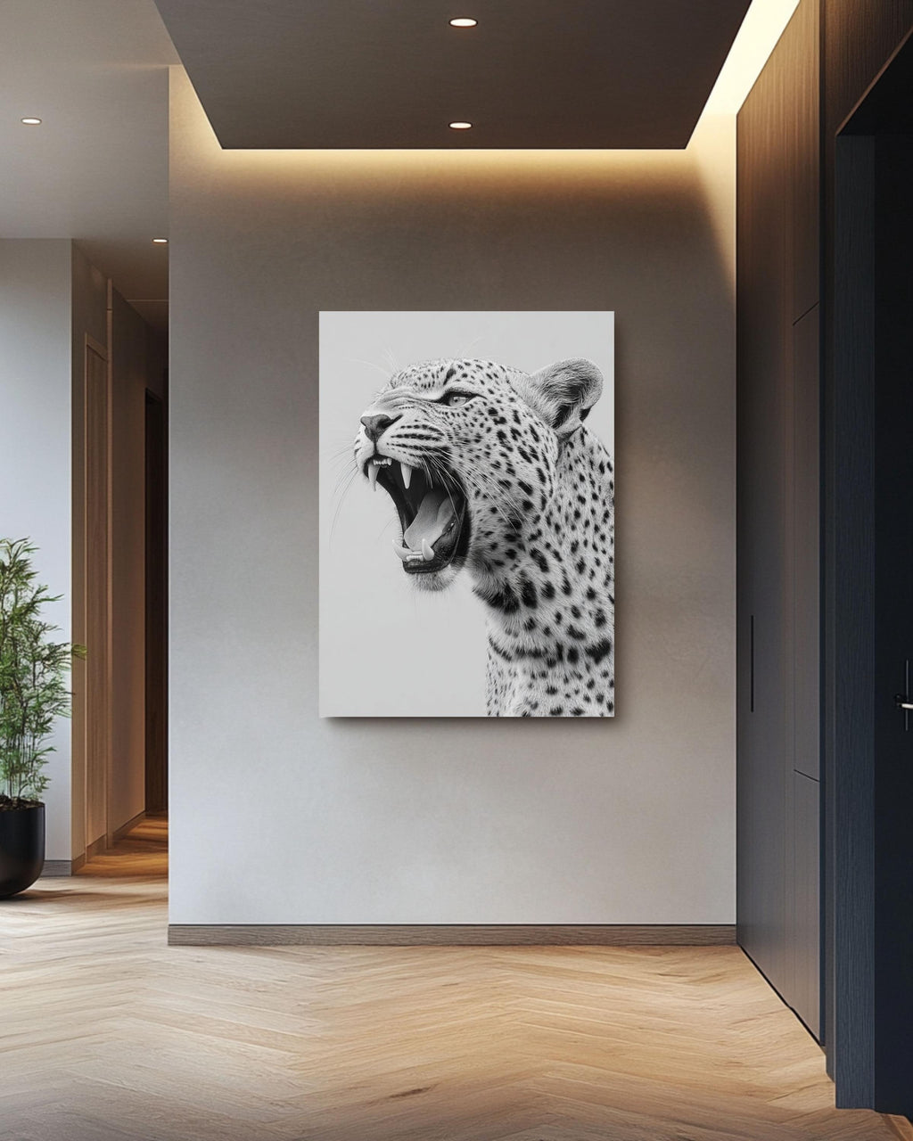 Black and White Roaring Leopard Portrait, Modern Canvas Art