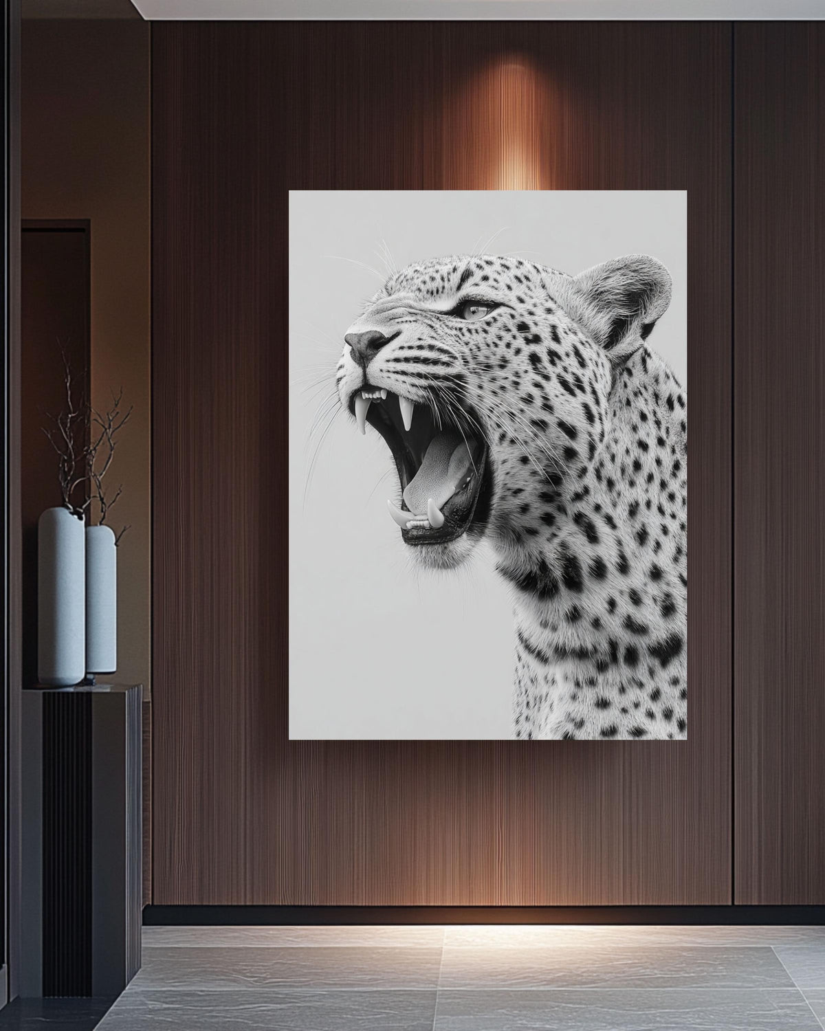 Black and White Roaring Leopard Portrait, Modern Canvas Art