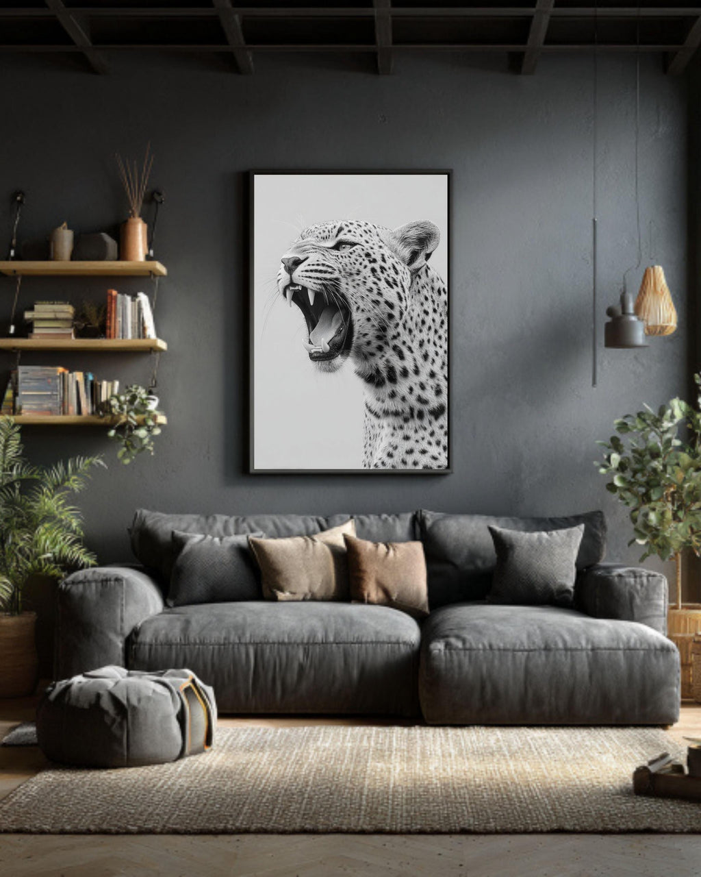 Black and White Roaring Leopard Portrait, Modern Canvas Art