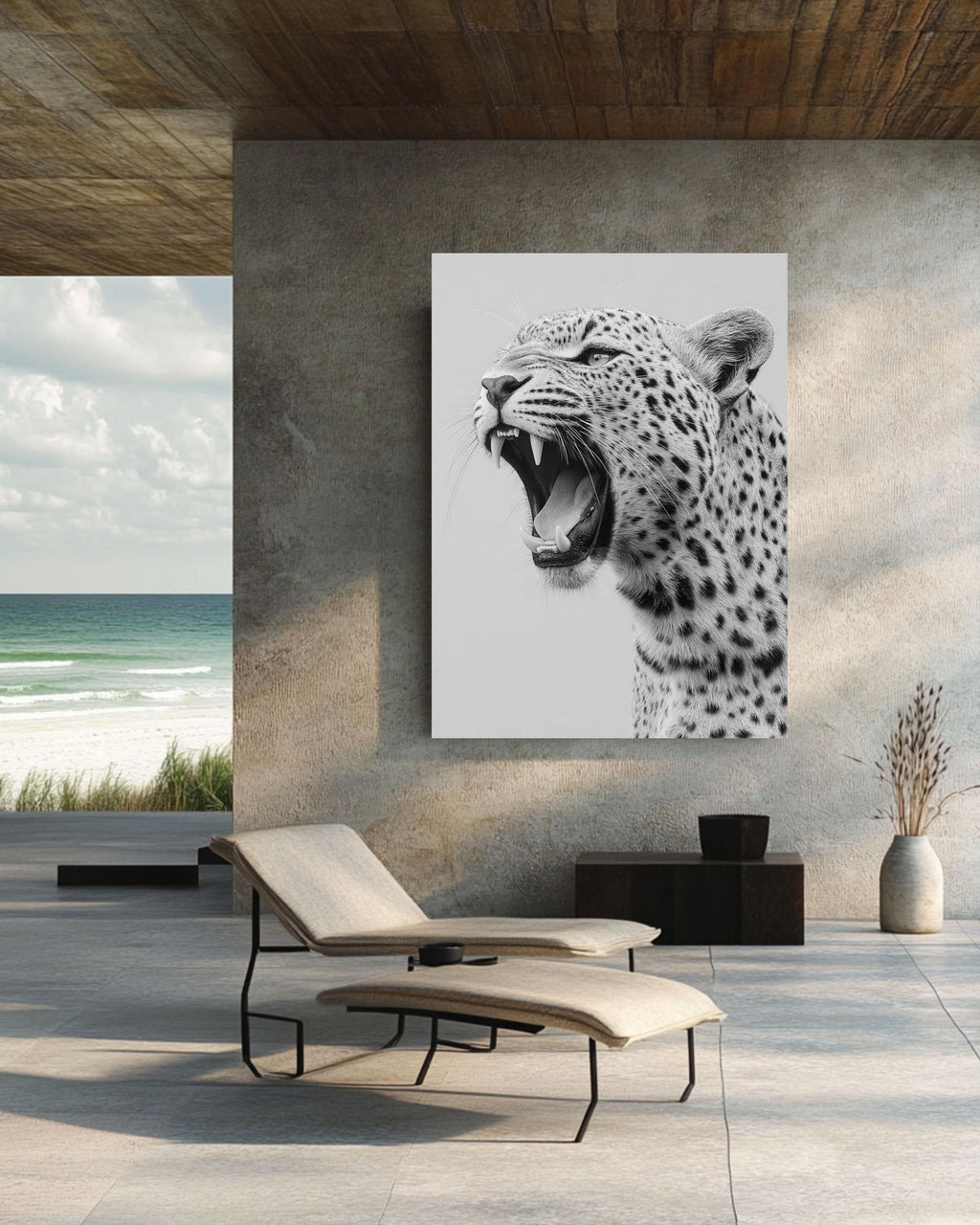 Black and White Roaring Leopard Portrait, Modern Canvas Art