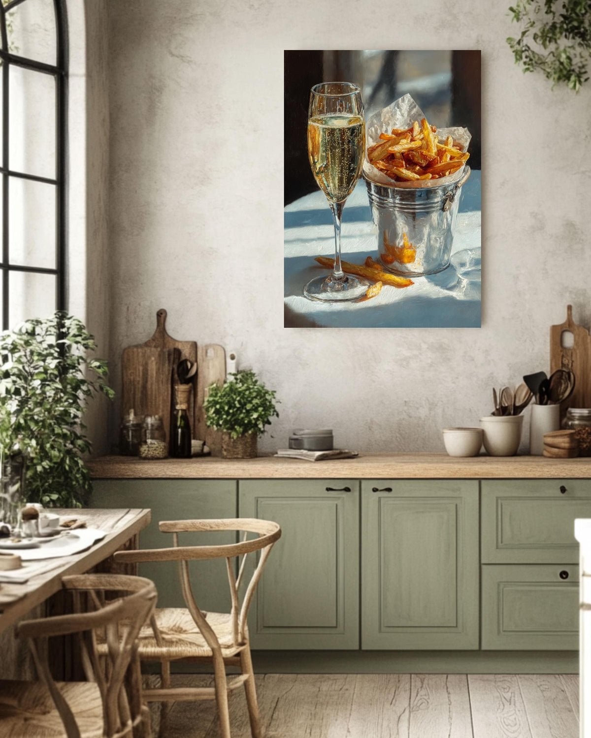 Champagne and Fries Oil Painting, Still Life Food Canvas Print