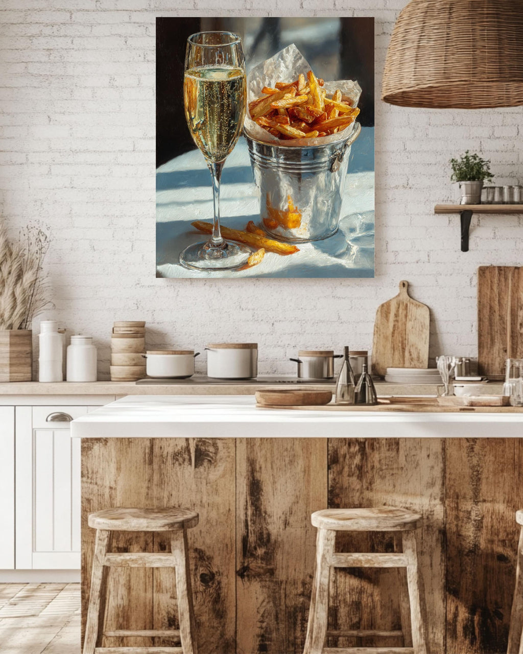 Champagne and Fries Oil Painting, Still Life Food Canvas Print