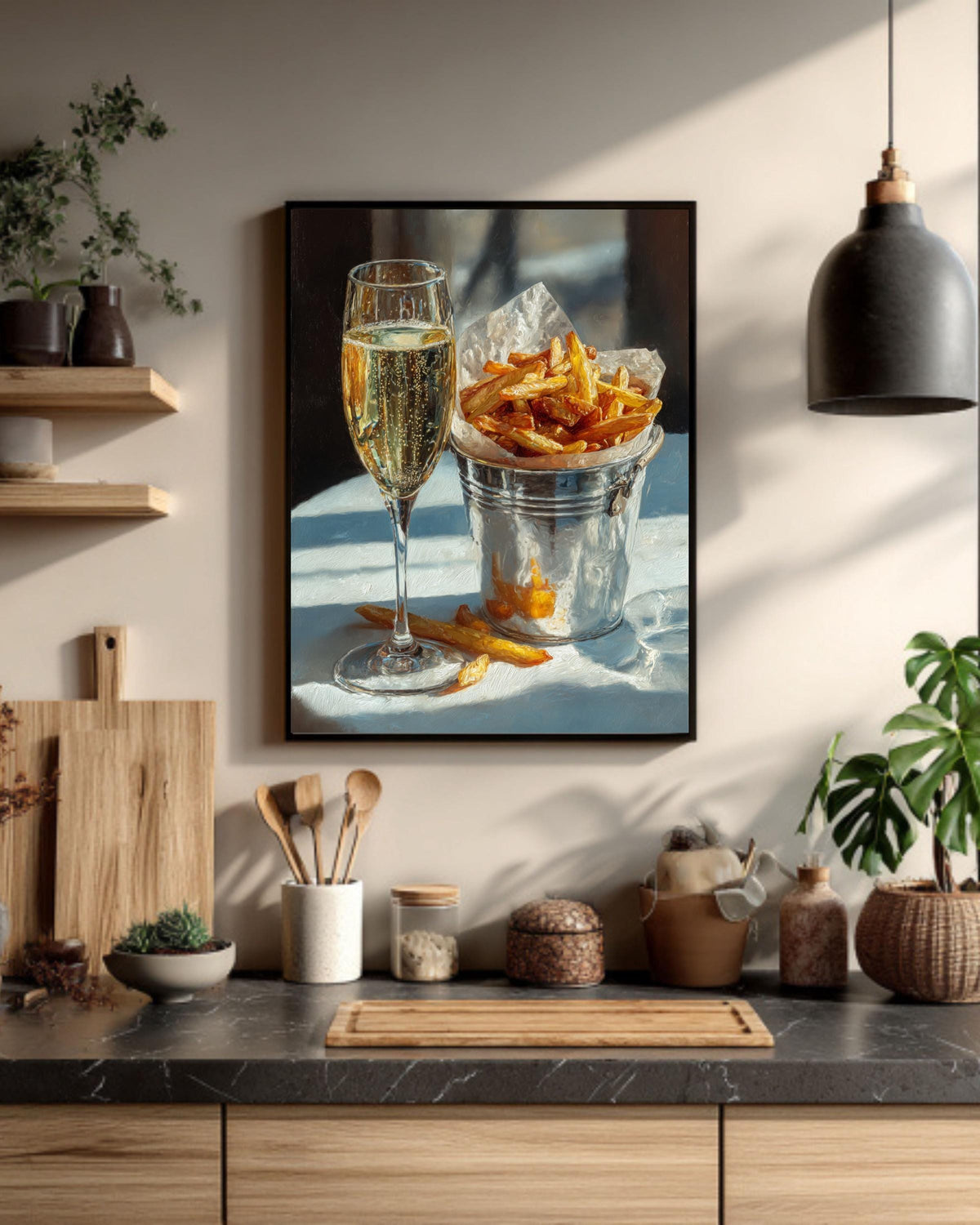 Champagne and Fries Oil Painting, Still Life Food Canvas Print