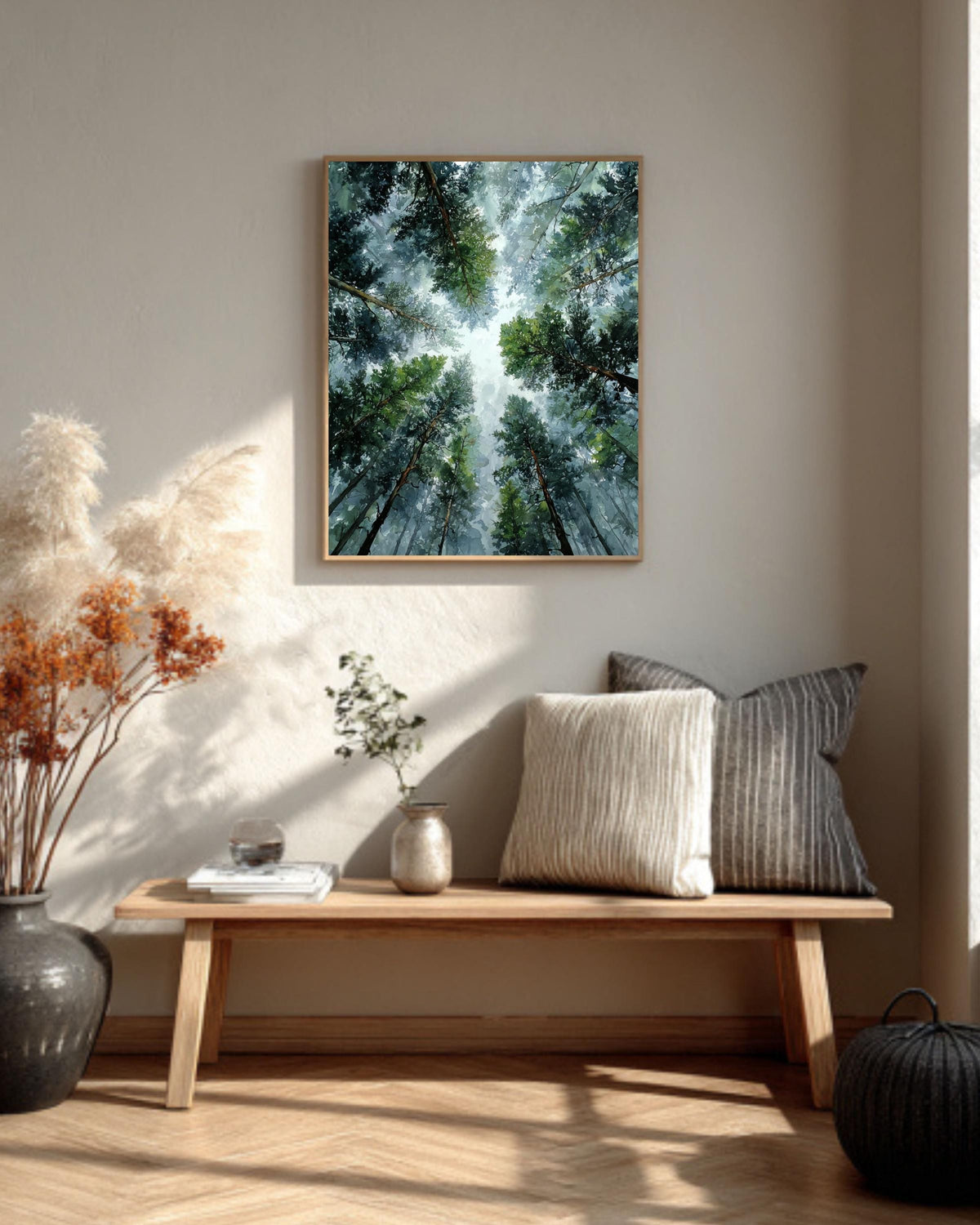 Abstract Forest Canopy Watercolor Print, Moody Pine Tree Canvas
