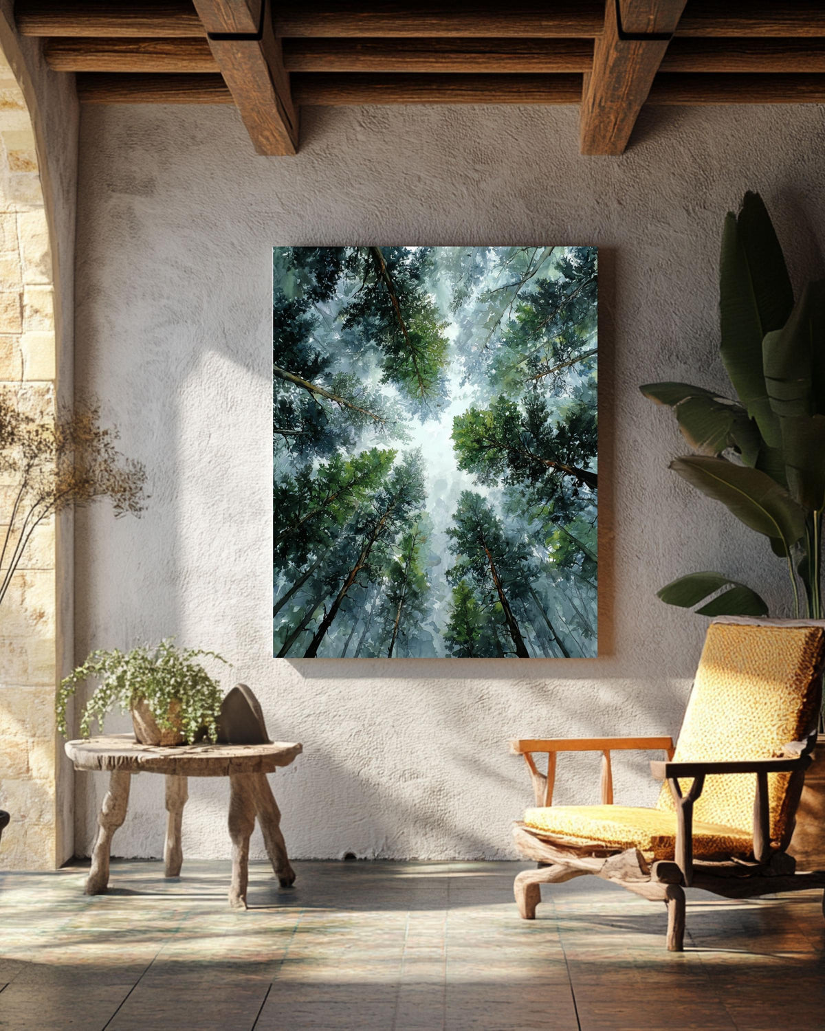 Abstract Forest Canopy Watercolor Print, Moody Pine Tree Canvas