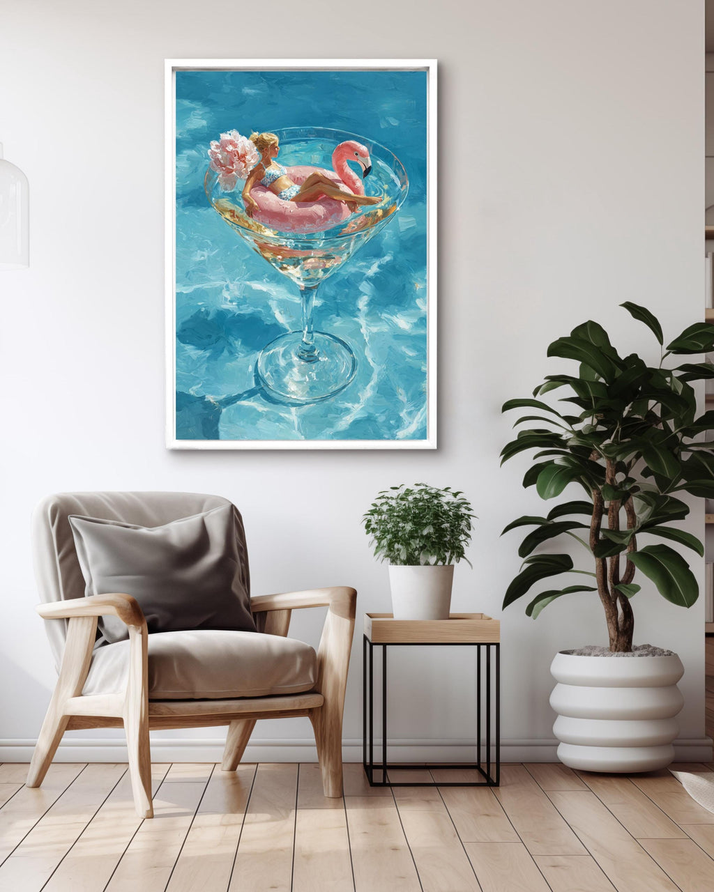 Flamingo Cocktail Glass Canvas Art, Luxurious Summer Pool Painting