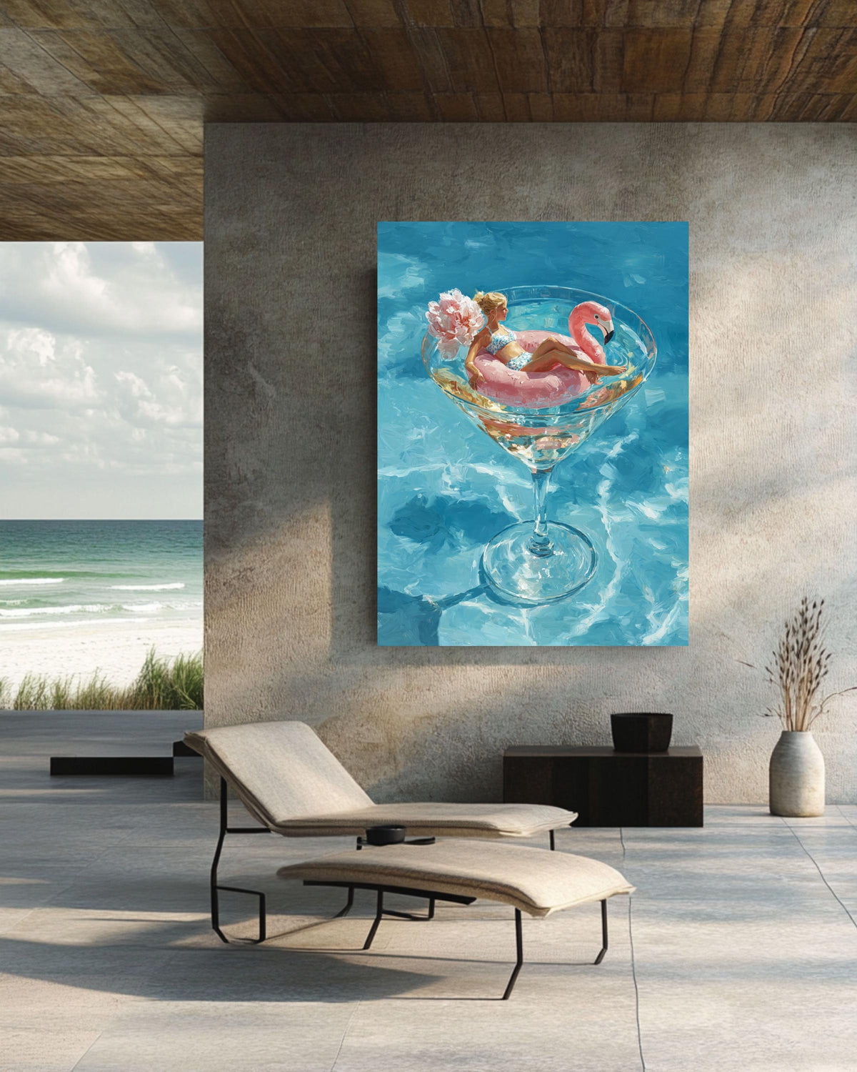 Flamingo Cocktail Glass Canvas Art, Luxurious Summer Pool Painting