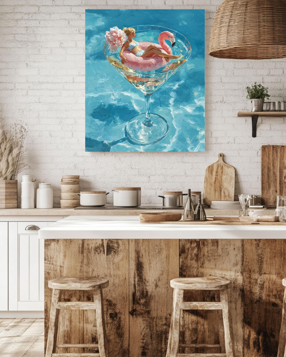 Flamingo Cocktail Glass Canvas Art, Luxurious Summer Pool Painting