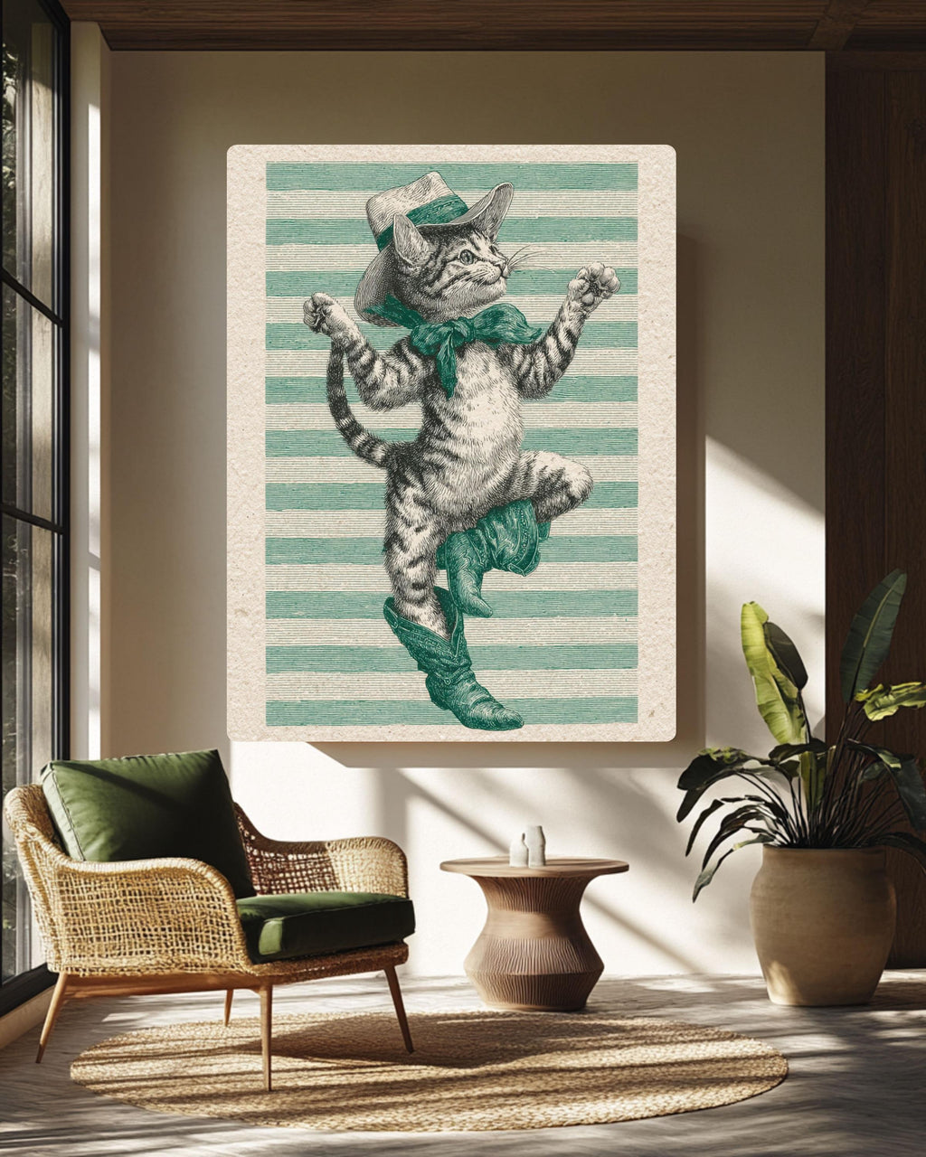 Vintage Cowboy Cat Engraving Print, Whimsical Western Canvas Art