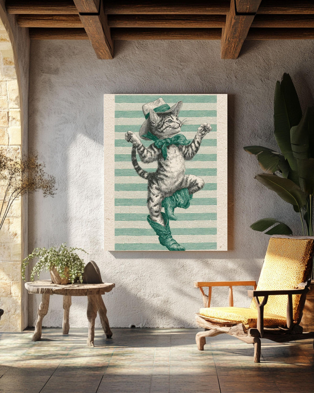 Vintage Cowboy Cat Engraving Print, Whimsical Western Canvas Art