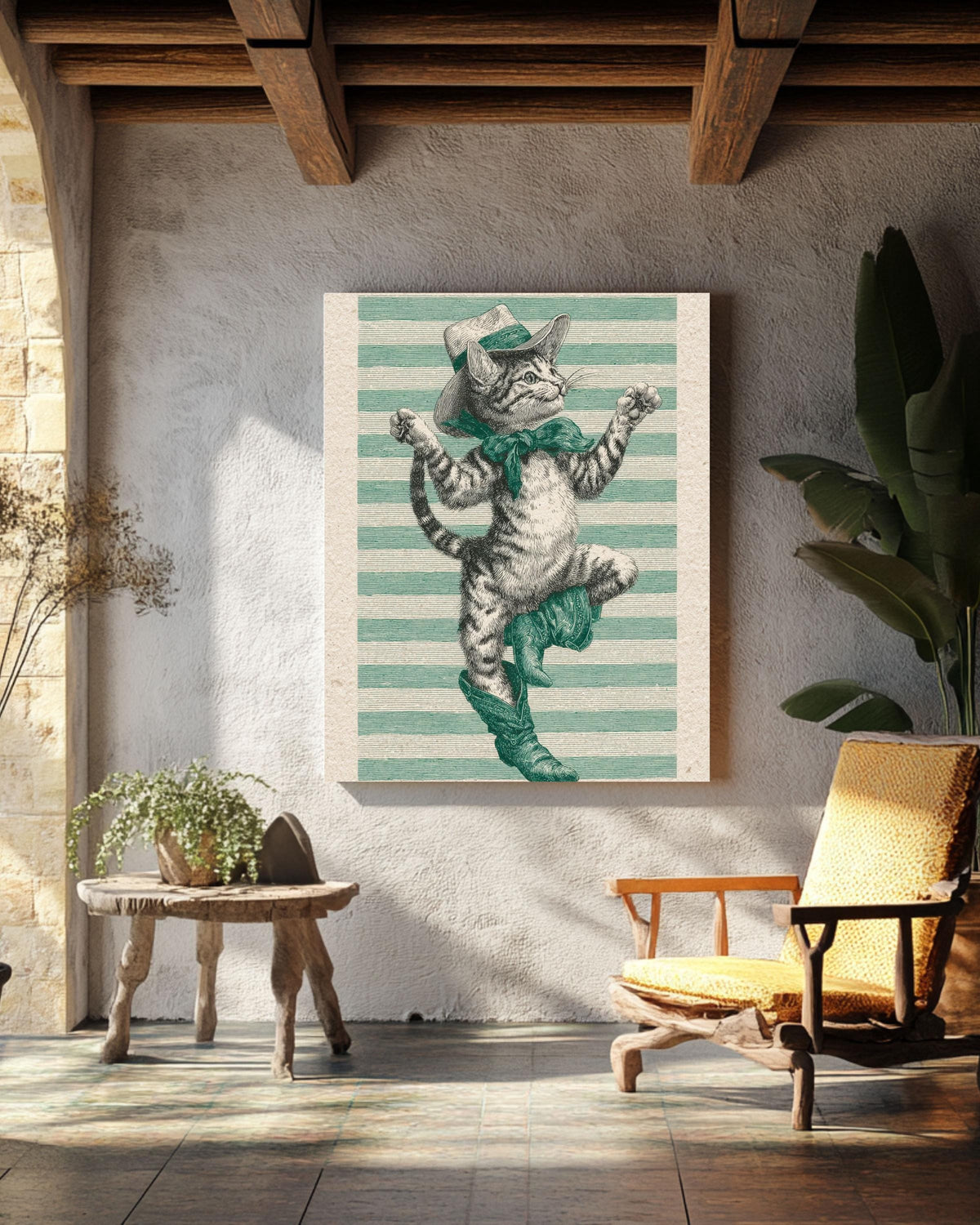 Vintage Cowboy Cat Engraving Print, Whimsical Western Canvas Art