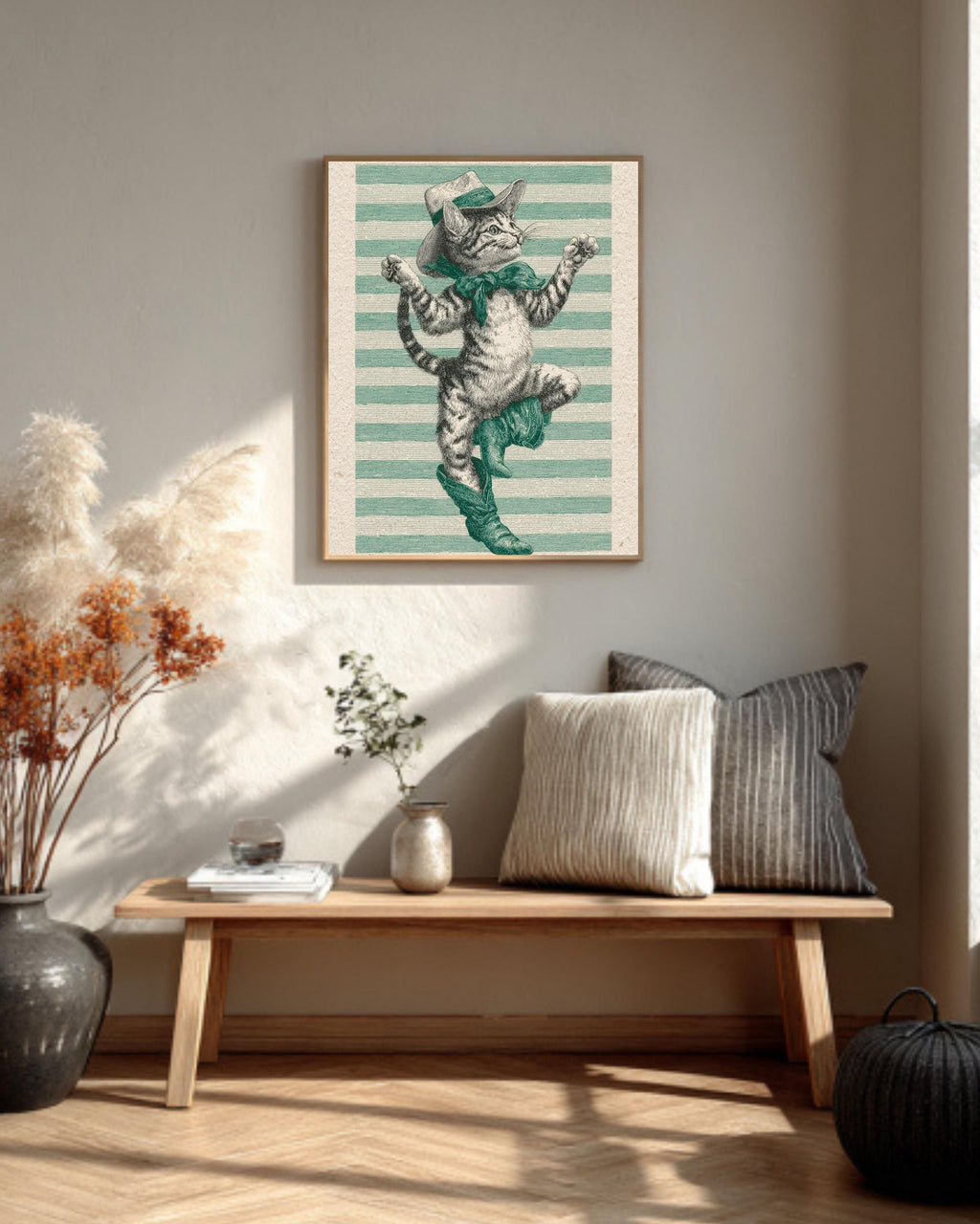 Vintage Cowboy Cat Engraving Print, Whimsical Western Canvas Art