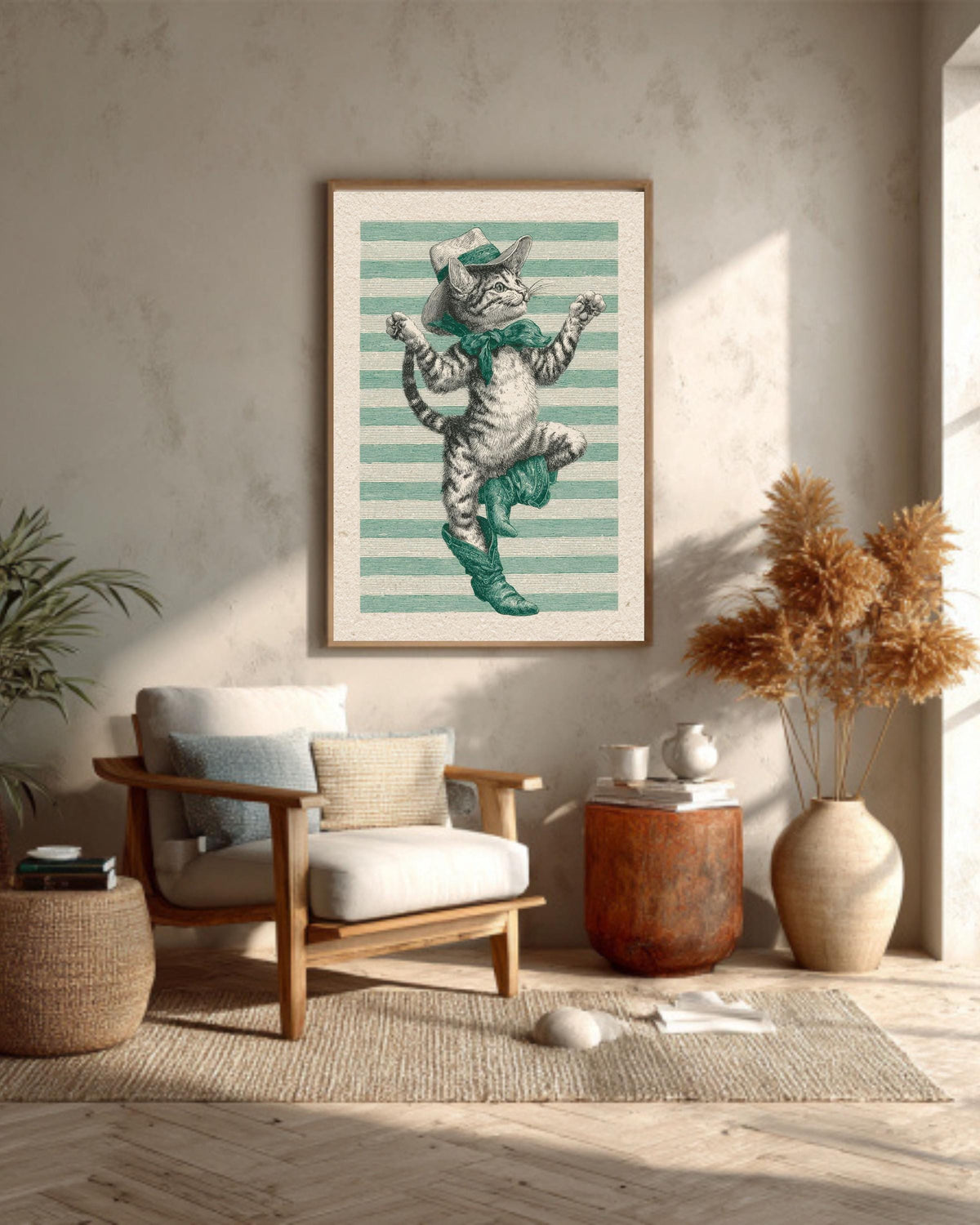 Vintage Cowboy Cat Engraving Print, Whimsical Western Canvas Art