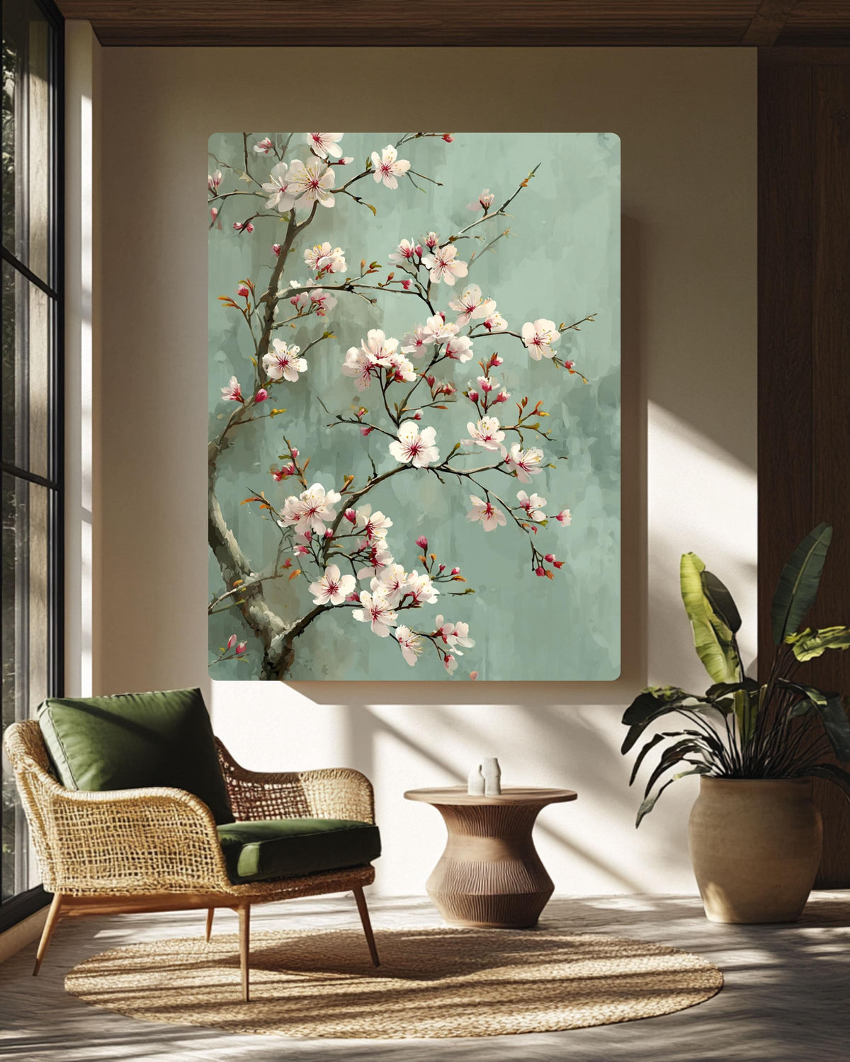 Chinese Style Cherry Blossom Canvas, Sage Green Floral Art