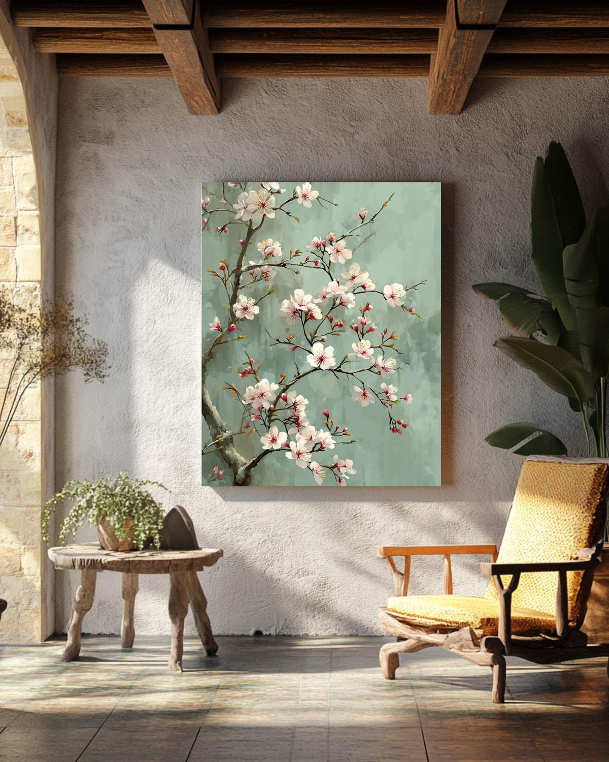 Chinese Style Cherry Blossom Canvas, Sage Green Floral Art