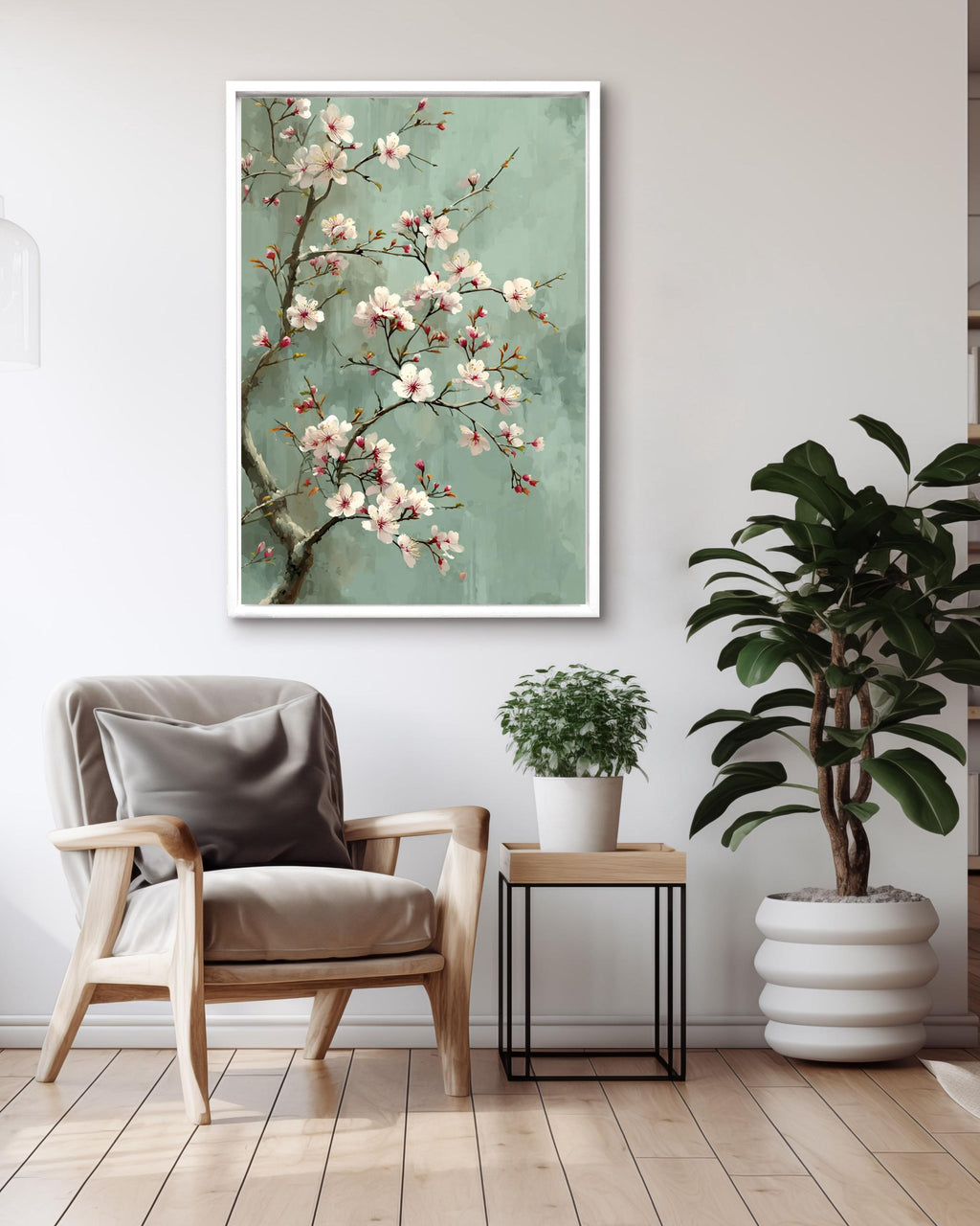 Chinese Style Cherry Blossom Canvas, Sage Green Floral Art