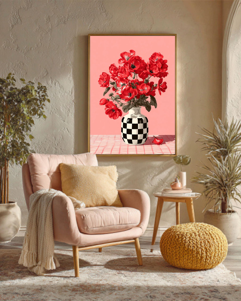 Red Flower Canvas Print: Checkerboard Vase - Modern Pop Art