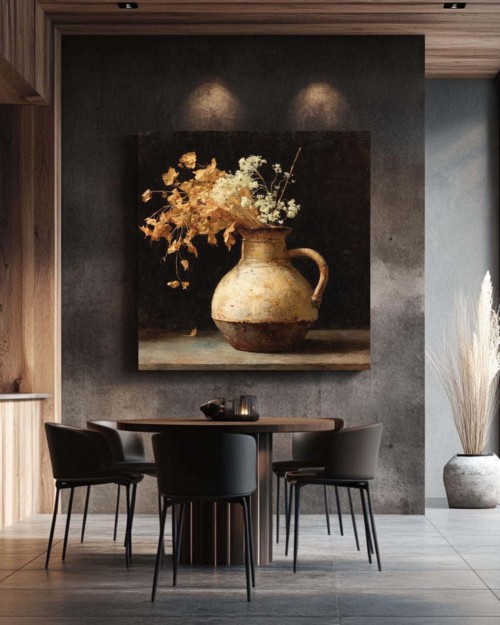 Dark Academia Still Life: Vintage Floral Jug, Framed Canvas Art