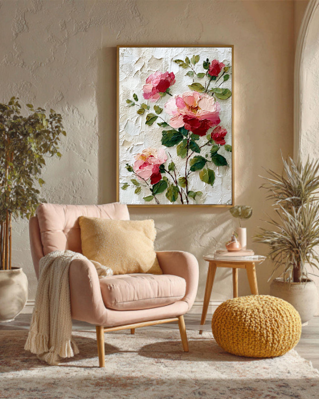 Pink Rose Canvas Art: Textured Impasto Floral Print
