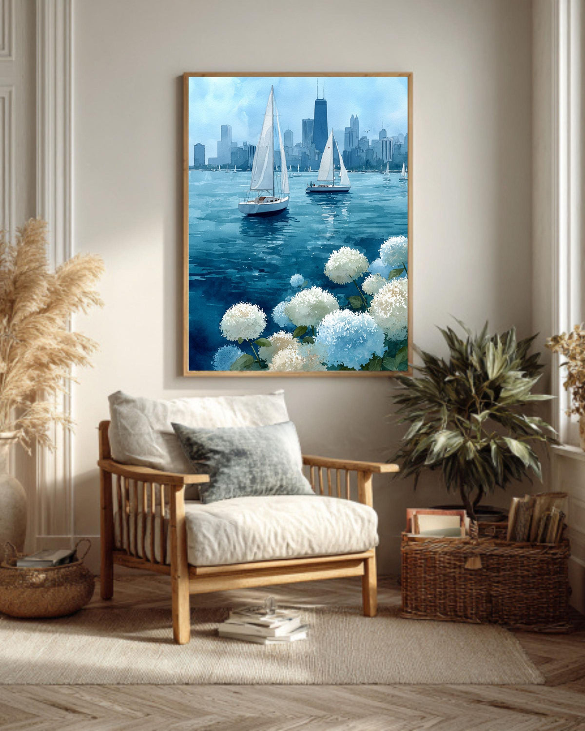 Chicago Sailboats Watercolor Canvas Print | Lake Michigan Cityscape Art | Blue Hydrangea Nautical Wall Decor