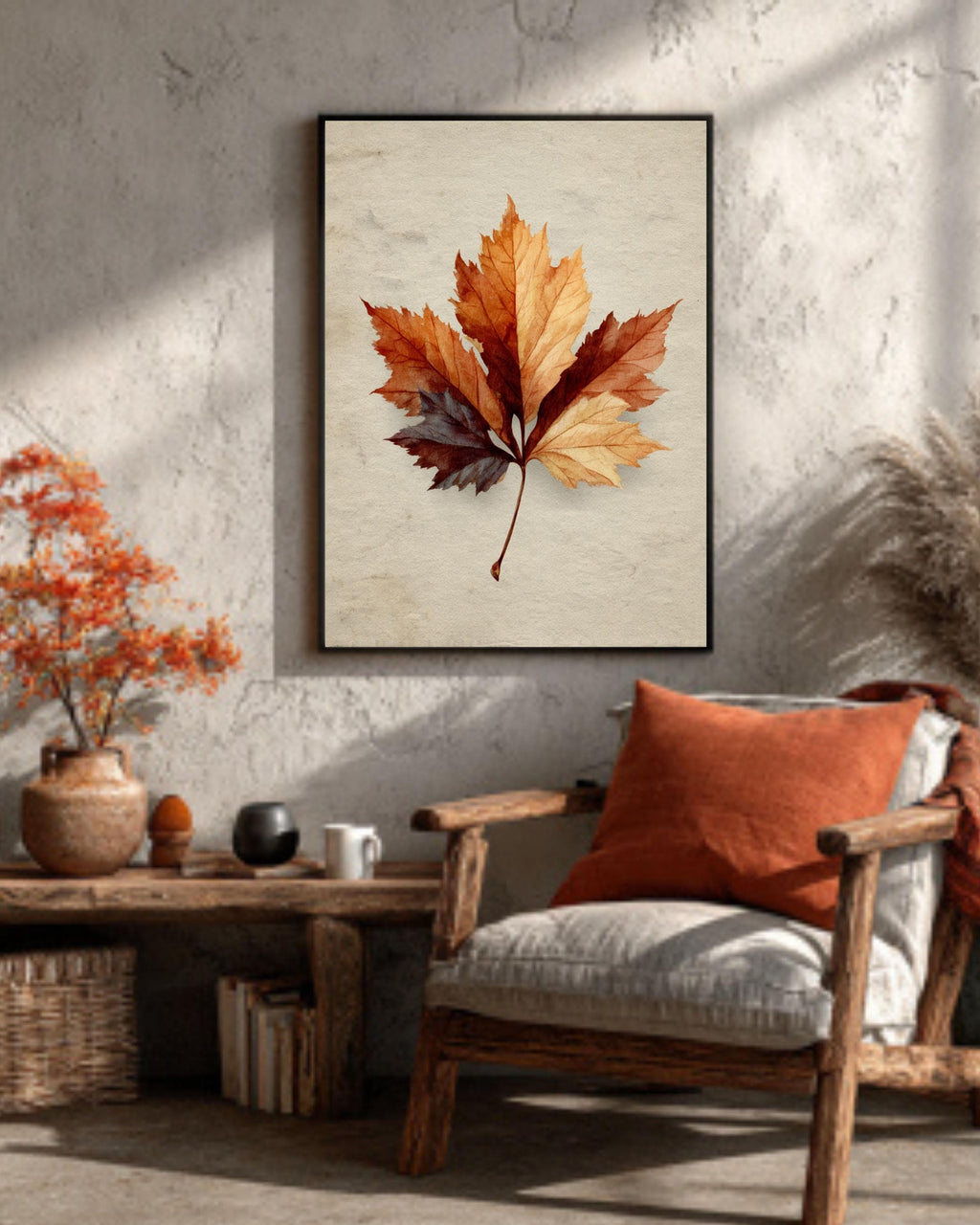 Vintage Maple Leaf Canvas Print: Neutral Beige Autumn Wall Art