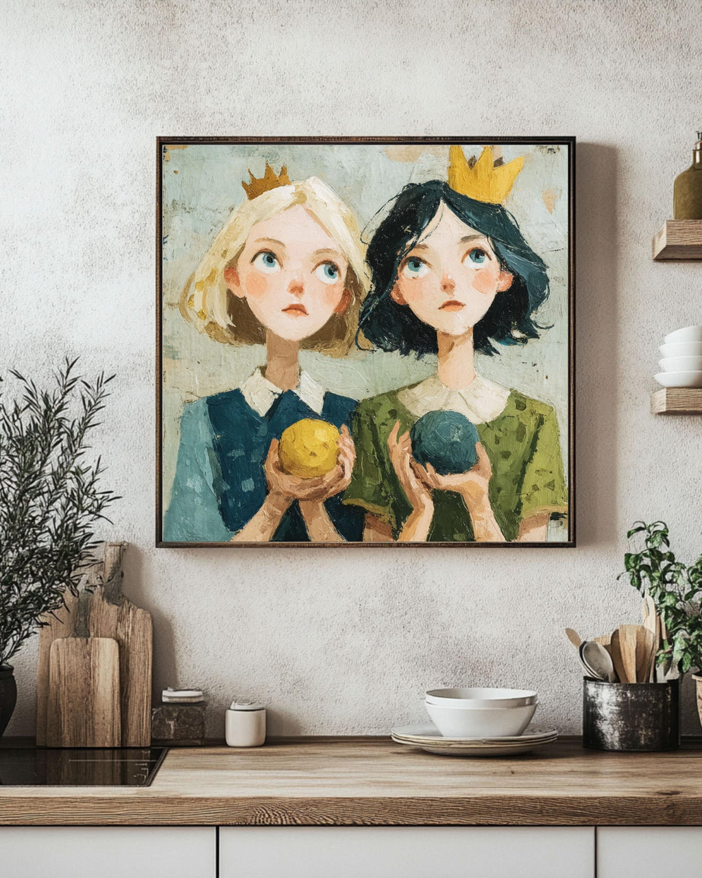 Whimsical Girls with Crowns Canvas Art: Fairy Tale Illustration