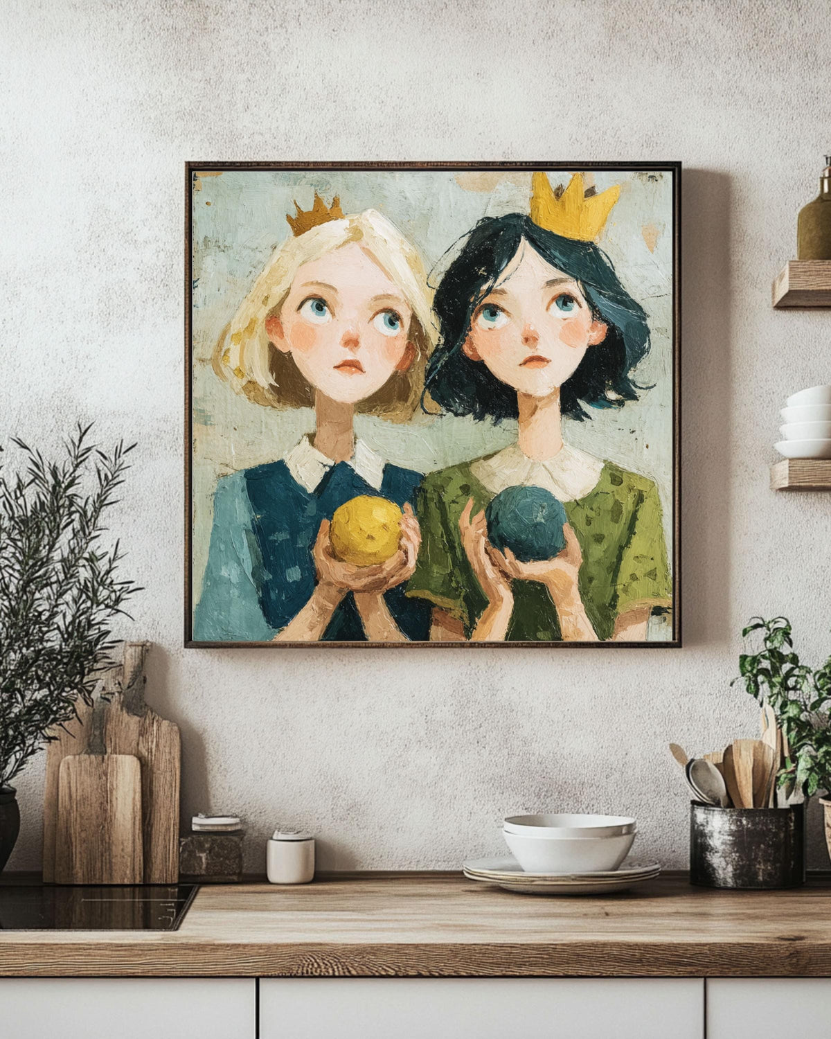 Whimsical Girls with Crowns Canvas Art: Fairy Tale Illustration