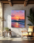 Sunset Ocean Painting: Blush Pink Coastal Seascape Canvas Art