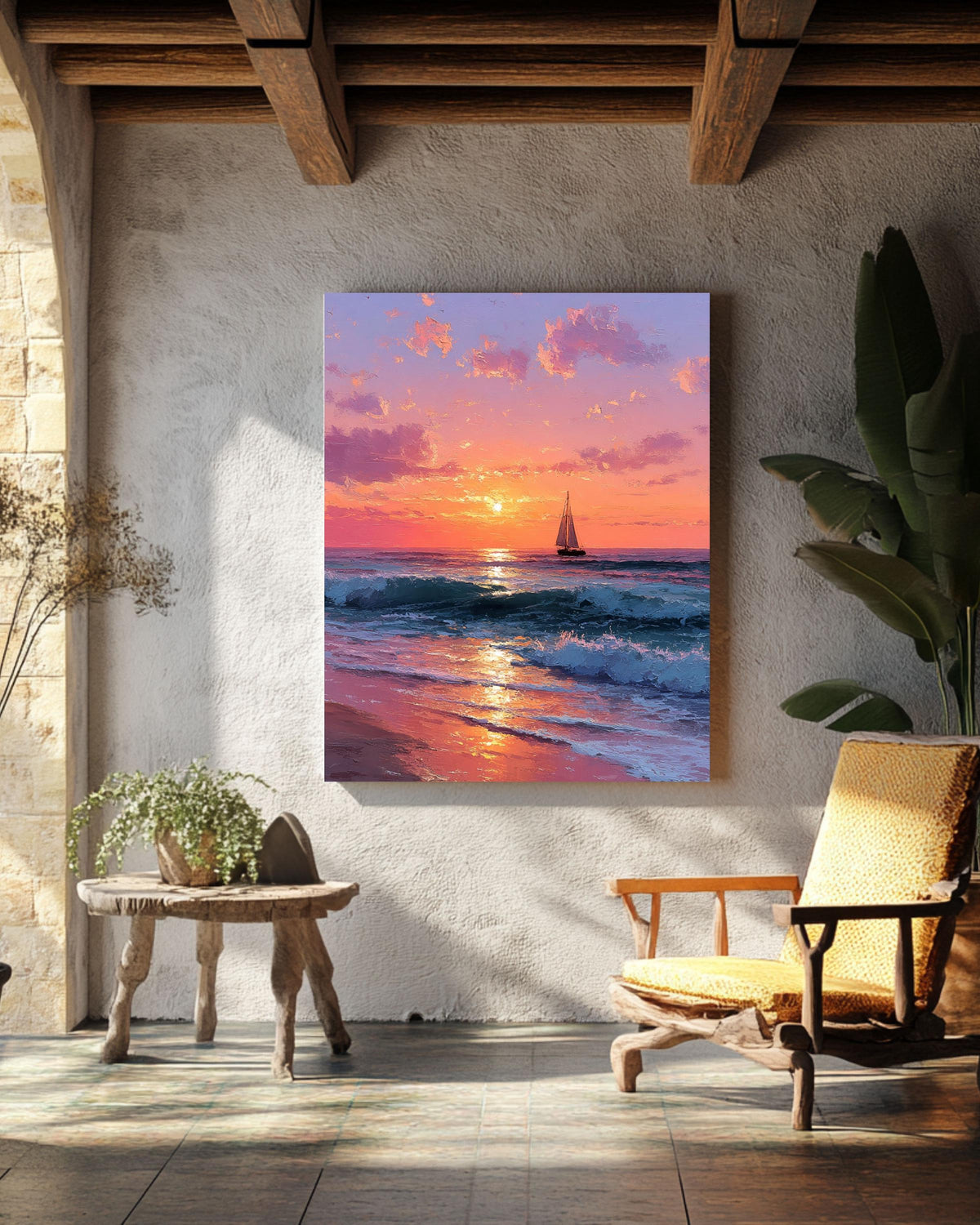 Sunset Ocean Painting: Blush Pink Coastal Seascape Canvas Art