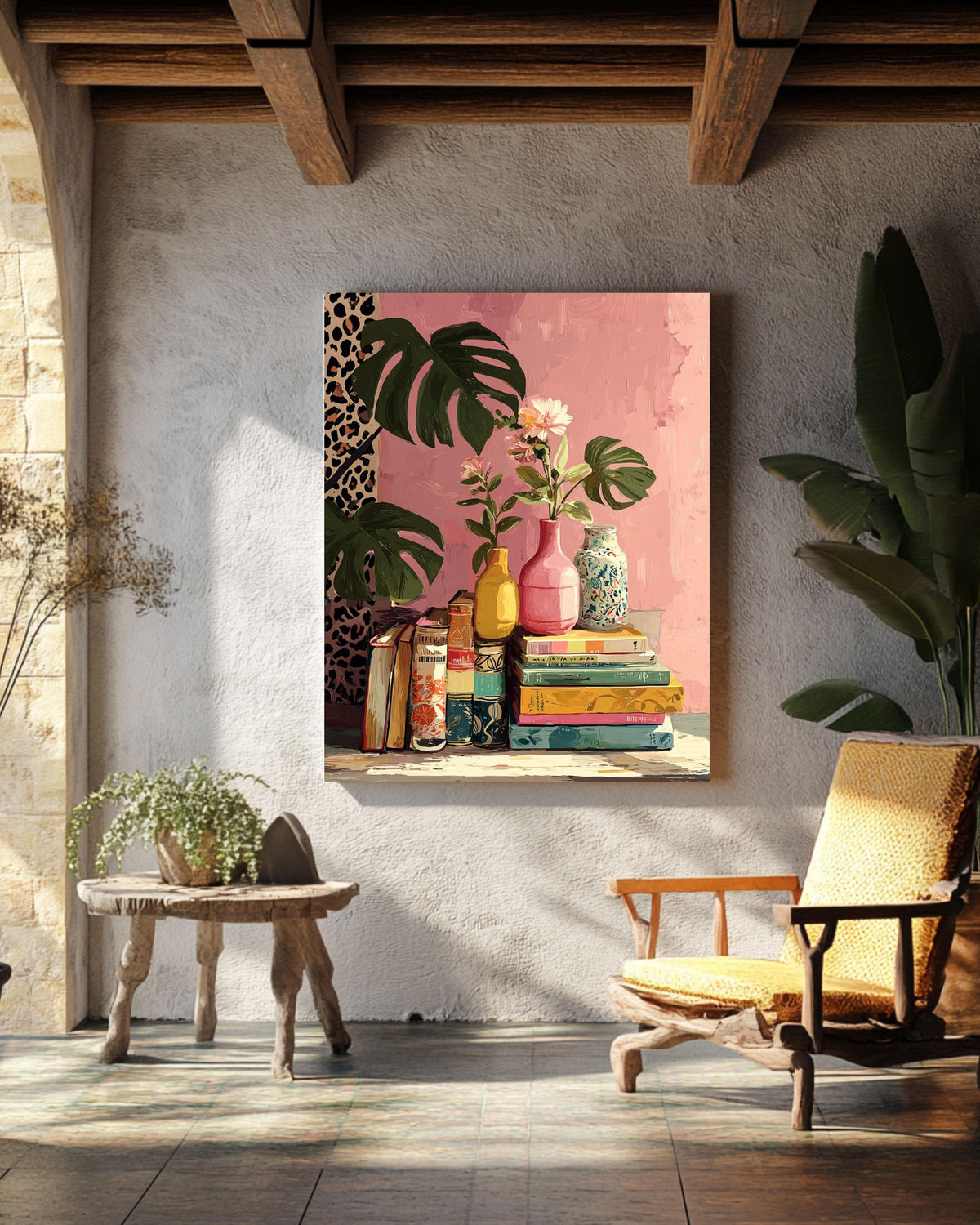 Retro Book and Plants Canvas Print: Colorful Still Life Art