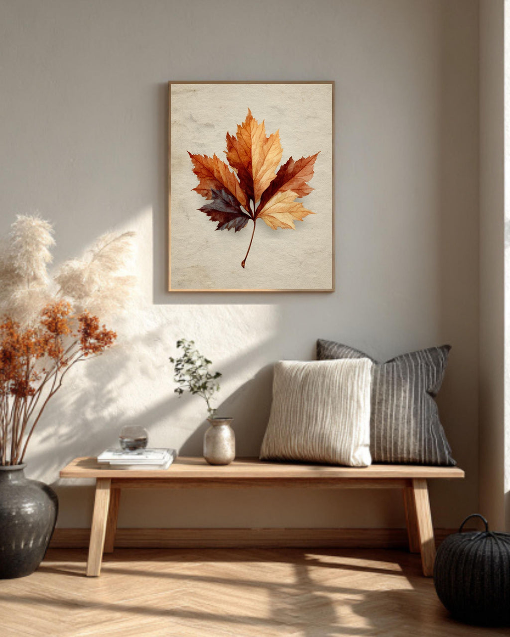 Vintage Maple Leaf Canvas Print: Neutral Beige Autumn Wall Art