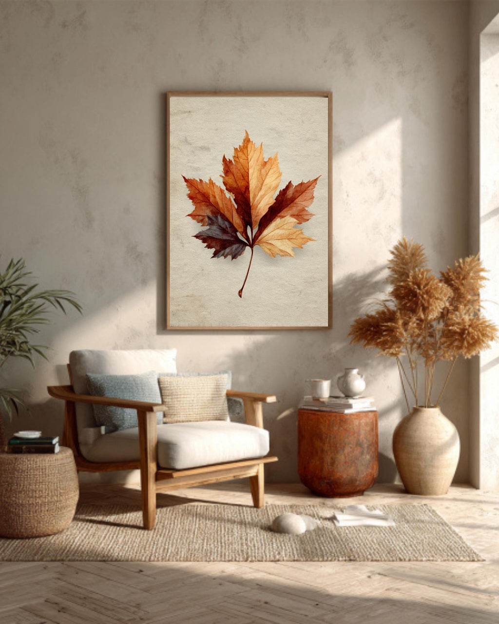 Vintage Maple Leaf Canvas Print: Neutral Beige Autumn Wall Art