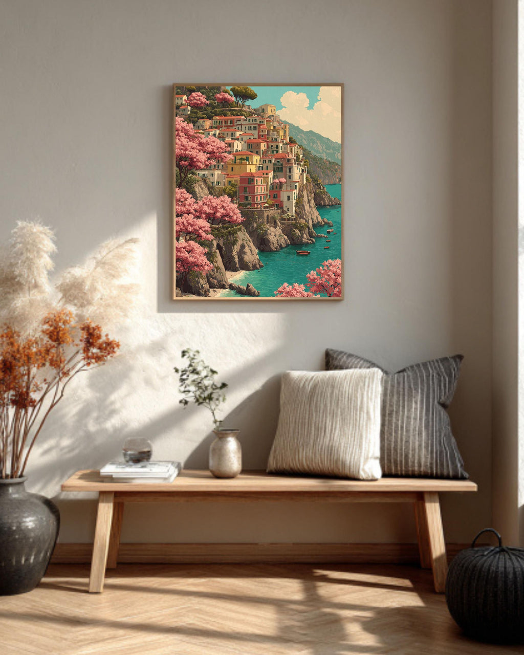 Amalfi Coast Canvas Wall Art, Italian Seaside Painting