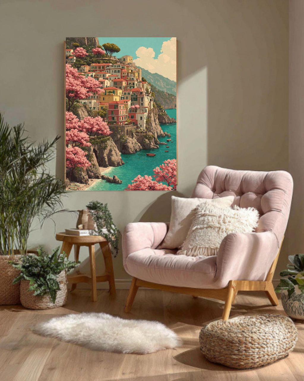 Amalfi Coast Canvas Wall Art, Italian Seaside Painting