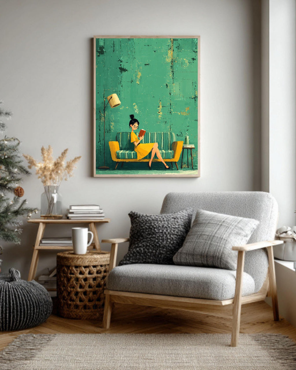 Emerald Green Reading Woman Art Print: Abstract Literary Canvas