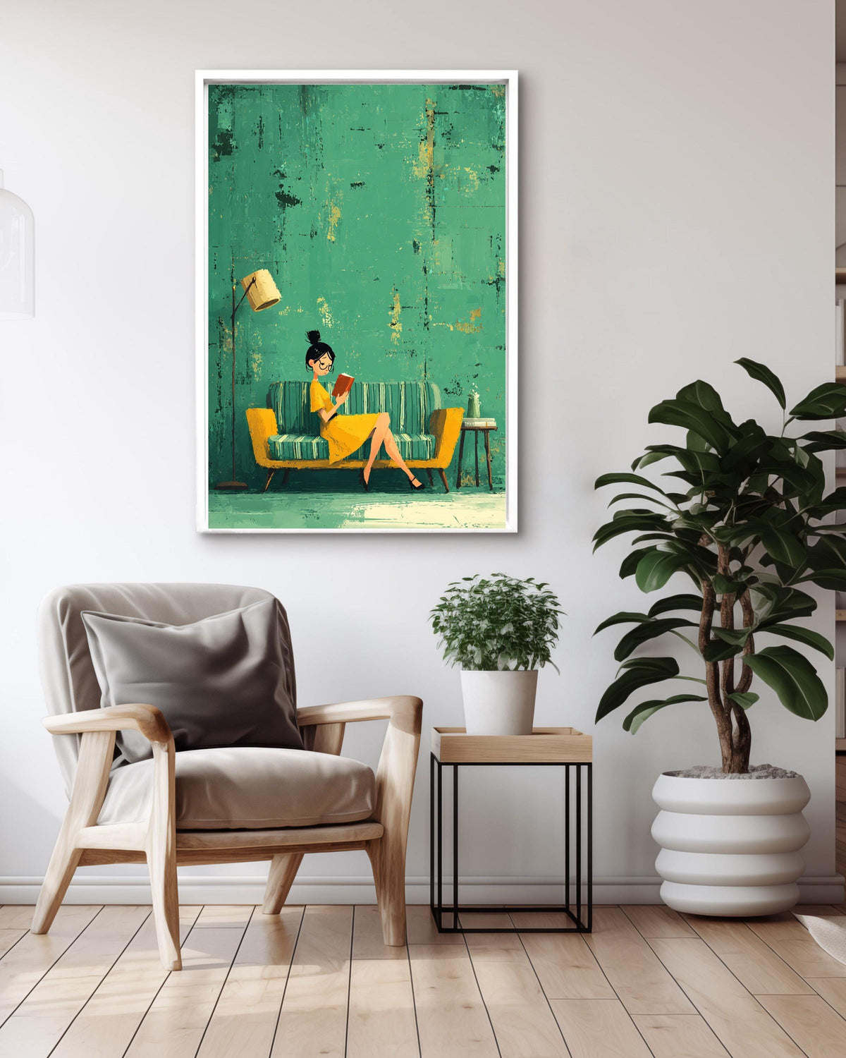 Emerald Green Reading Woman Art Print: Abstract Literary Canvas