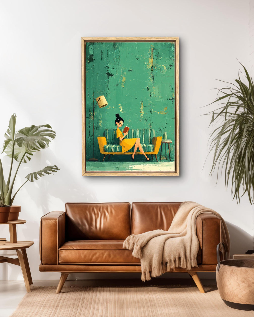 Emerald Green Reading Woman Art Print: Abstract Literary Canvas