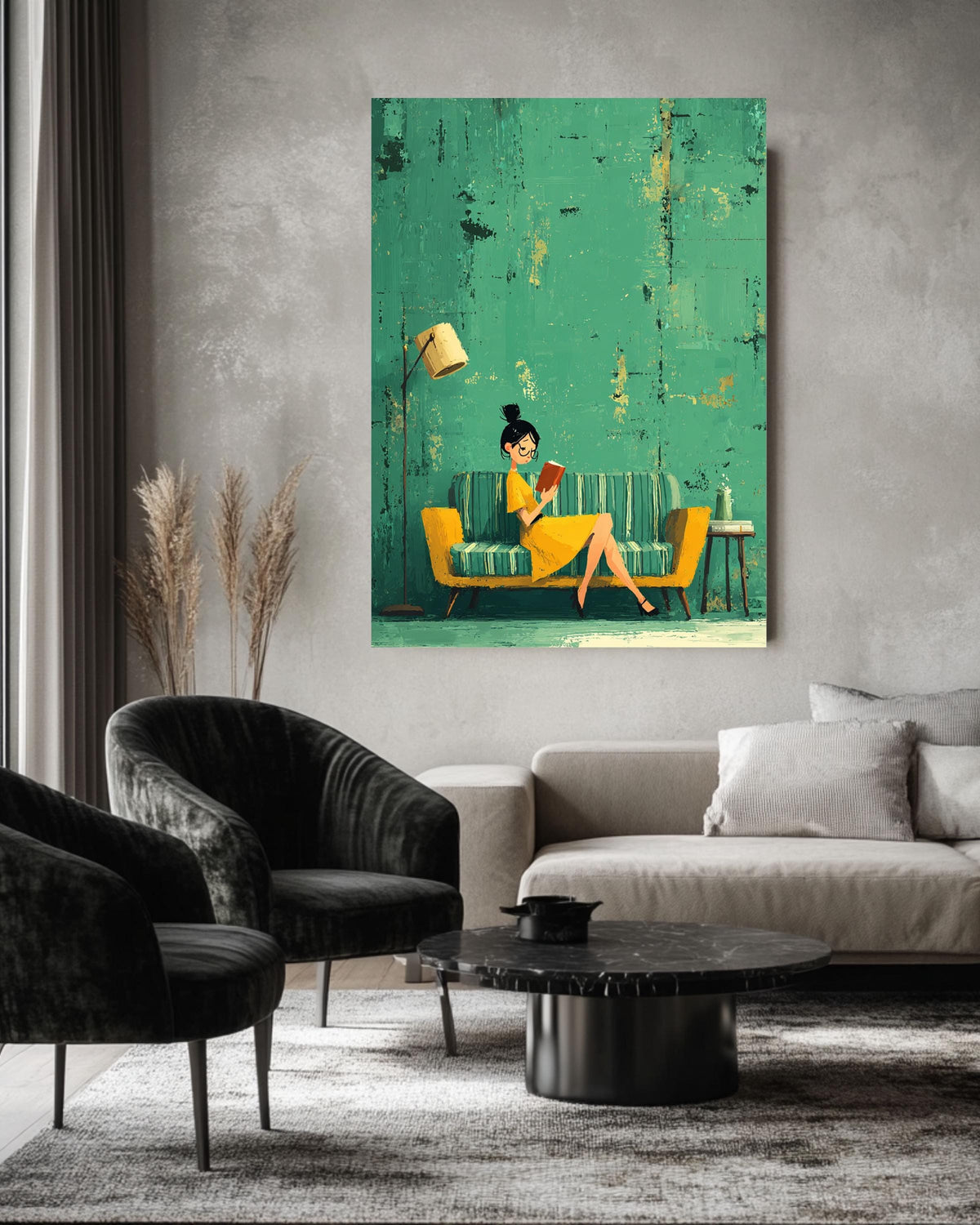 Emerald Green Reading Woman Art Print: Abstract Literary Canvas