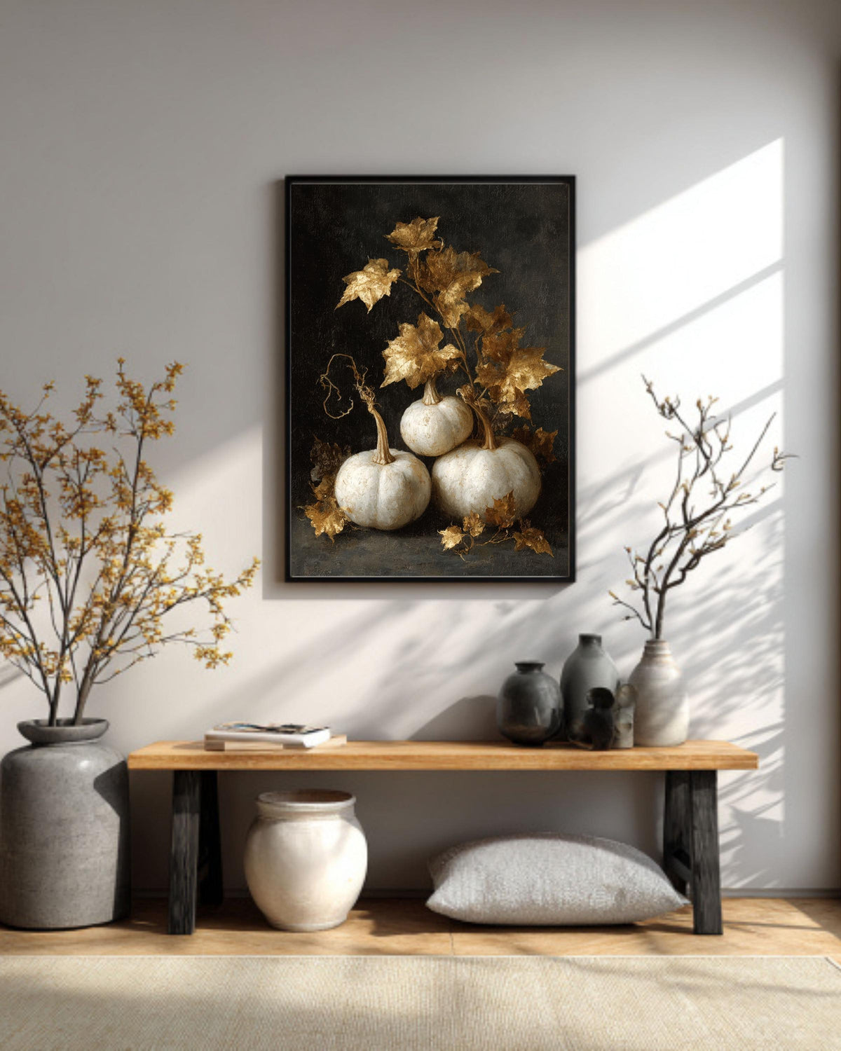 Vintage Pumpkin Painting Canvas, Neutral Fall Farmhouse Wall Art